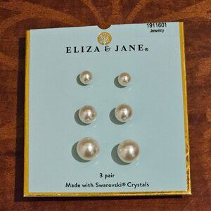 NEW 3 PAIR DESIGNER ELIZA JANE FAUX PEARL MADE w/ SWAROVSKI CRYSTAL  EARRINGS